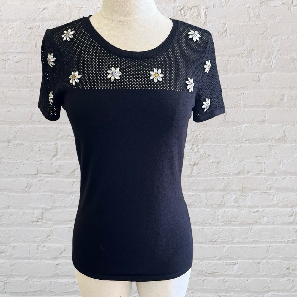 INC International Concepts Black Short Sleeve Tee with Daisy Embellishments